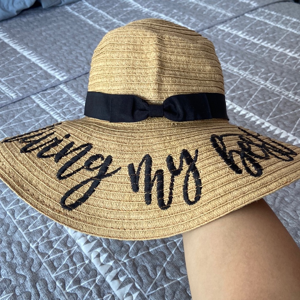 Woven “living my best life” Beach Hat with Black Bow Trim